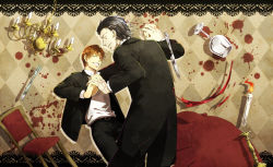 Rule 34 | 2boys, ^ ^, argyle, argyle background, argyle clothes, asura (asr4000), bad id, bad pixiv id, black hair, blood, border, brown background, brown hair, candle, chandelier, closed eyes, cup, dancing, doily, drinking glass, fate/zero, fate (series), formal, gilles de rais (caster) (fate), knife, lace, lace border, male focus, multiple boys, ornate border, scalpel, suit, table, uryuu ryuunosuke, wine glass