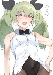 Rule 34 | 1girl, absurdres, anchovy (girls und panzer), bare arms, bare shoulders, black bow, black bowtie, black leotard, black ribbon, blush, bow, bowtie, breasts, brown pantyhose, dorontabi, fang, from below, girls und panzer, green hair, hair ribbon, hand on own hip, highleg, highleg leotard, highres, leotard, leotard under clothes, long hair, looking at viewer, looking down, open mouth, pantyhose, red eyes, ribbon, shirt, simple background, sleeveless, sleeveless shirt, small breasts, solo, sweat, twintails, white background, white shirt