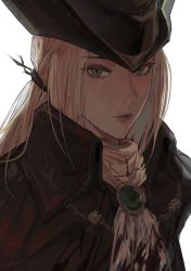 Rule 34 | 1girl, ascot, blonde hair, bloodborne, blue eyes, boots, cape, coat, gem, hat, hat feather, highres, holding, lady maria of the astral clocktower, long hair, looking at viewer, park ongjol, ponytail, simple background, solo, the old hunters, tricorne, white hair