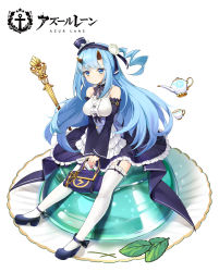 Rule 34 | 1girl, :/, ahoge, alternate costume, azur lane, bag, bare shoulders, belt, belt buckle, black belt, black footwear, black hairband, black hat, blue eyes, blue hair, bow, breasts, buckle, buttons, center frills, chain, closed mouth, copyright name, corset, cup, detached sleeves, dot nose, expressionless, eyebrows, flower, food, frilled skirt, frills, full body, garter straps, gold chain, hair flower, hair ornament, hairband, handbag, hat, hat bow, highres, holding, holding bag, horns, huge ahoge, inazuma (azur lane), inazuma (vanilla pudding) (azur lane), leaf, lightning bolt symbol, lolita fashion, long hair, long sleeves, looking at viewer, medium breasts, mini hat, mini top hat, neck ribbon, official art, oni horns, ootsuki momiji, own hands together, plate, pudding, purple hairband, purple hat, purple ribbon, purple skirt, ribbon, shirt, shoes, sidelocks, simple background, sitting, skirt, sleeveless, sleeveless shirt, solo, straight hair, striped clothes, striped ribbon, striped skirt, tachi-e, taut clothes, taut shirt, teacup, teapot, thighhighs, tomoe (symbol), top hat, tsurime, underbust, v arms, vertical-striped clothes, vertical-striped skirt, very long hair, white background, white bow, white shirt, white thighhighs, wide sleeves, wite rose, zettai ryouiki