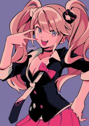Rule 34 | 1girl, animal ears, artist name, bear ears, bear hair ornament, black bra, black choker, black necktie, black shirt, blue eyes, blush, bow, bra, breasts, brown hair, buttons, choker, collarbone, collared shirt, danganronpa (series), enoshima junko, fingernails, hair between eyes, hair ornament, hand on own hip, hand up, highres, light brown hair, long fingernails, long hair, long sleeves, looking at viewer, medium breasts, menma (enaic31), nail polish, necktie, open mouth, pink bow, pink nails, pink skirt, purple background, shirt, shirt bow, sidelocks, simple background, skirt, smile, solo, standing, teeth, tongue, tongue out, twintails, two-tone necktie, underwear, v, white necktie