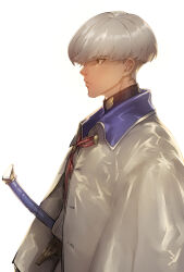 Rule 34 | 1boy, black shirt, bowl cut, brown eyes, closed mouth, collared jacket, fate/grand order, fate (series), highres, jacket, kin mokusei, looking afar, male focus, profile, shirt, short hair, silver trim, simple background, solo, sword, turtleneck, turtleneck shirt, upper body, watanabe no tsuna (fate), weapon, white background, white jacket