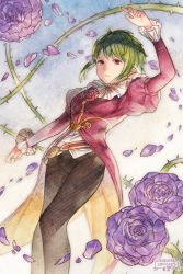 Rule 34 | 1girl, artist name, asellus (saga frontier), breasts, brown eyes, closed mouth, cotelier, dated, dress, flower, green hair, highres, looking at viewer, red flower, red rose, rose, saga, saga frontier, short hair, solo, thorns