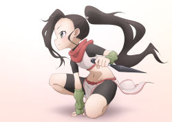 Rule 34 | 1girl, absurdres, ankle wrap, bike shorts, black hair, brown eyes, commentary, fingerless gloves, forehead, gloves, hand on ground, high ponytail, highres, holding, holding weapon, kakuchi01, kunai, kunoichi tsubaki no mune no uchi, long hair, midriff, navel, ninja, official art, ponytail, profile, red scarf, sandals, scarf, short sleeves, simple background, squatting, tsubaki (kunoichi tsubaki no mune no uchi), very long hair, weapon