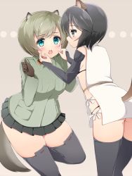 Rule 34 | 2girls, animal ears, ass, black bra, black eyes, black hair, black legwear, black panties, black skirt, blue eyes, blush, bra, breasts, brown hair, cheek pinching, dog ears, dog tail, dormouse ears, dormouse tail, hand on another&#039;s cheek, hand on another&#039;s face, hands on another&#039;s face, isami kashida, jacket, kuroe ayaka, leg up, long sleeves, looking at another, microskirt, military, military uniform, multiple girls, open mouth, panties, pinching, pleated skirt, shiromisoaji, short hair, sideboob, skindentation, skirt, small breasts, strike witches, tail, thick thighs, thighhighs, thighs, underwear, uniform, wide hips, world witches series, yuri