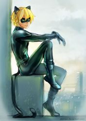 Rule 34 | 1boy, adrien agreste, alempe, animal ears, blonde hair, bodysuit, cat ears, chat noir, city, day, gloves, green eyes, highres, looking at viewer, male focus, mask, miraculous ladybug, outdoors, short hair, sitting, sky, solo, tail