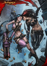 Rule 34 | 2girls, armor, bandaid, bandaid on knee, bandaid on leg, bandolier, battle, bikini armor, blue hair, boots, braid, breasts, bullet, cleavage, combat boots, detached sleeves, dual wielding, faceoff, fingerless gloves, flat chest, full body, gatling gun, gloves, greaves, gun, highres, holding, jee-hyung lee, jewelry, jinx (league of legends), katarina (league of legends), league of legends, leather, leather pants, lip biting, long hair, midriff, minigun, multiple girls, navel, necklace, nose, pants, parted lips, pauldrons, pendant, red hair, reverse grip, rocket launcher, shell casing, short sword, shoulder armor, single sleeve, single thighhigh, smile, stomach, sword, tattoo, thighhighs, twin braids, very long hair, weapon