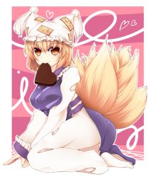 Rule 34 | 1girl, :&gt;, ass, blonde hair, breasts, candy, chocolate, chocolate heart, female focus, food, fox tail, hat, heart, kneeling, midori (misuriru8), mouth hold, multiple tails, no shoes, short hair, smile, solo, tail, touhou, yakumo ran, yellow eyes