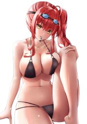 Rule 34 | 1girl, ahoge, alternate costume, azur lane, bare shoulders, barefoot, bikini, black bikini, breasts, brown eyes, cleavage, eol 9, goggles, goggles on head, hair between eyes, hair ornament, hand on own knee, hand up, highres, knee up, large breasts, long hair, looking at viewer, mouth hold, multi-strapped bikini, navel, o-ring, o-ring bikini, red hair, shiny skin, side ponytail, sidelocks, simple background, sitting, skindentation, solo, swimsuit, thighs, whistle, whistle around neck, white background, zara (azur lane), zara (poolside coincidence) (azur lane)