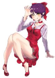 Rule 34 | 1girl, absurdres, arm support, bow, brooch, cat girl, choker, claw pose, commentary, dress, full body, gegege no kitarou, grin, hair bow, high heels, highres, hotate-chan, jewelry, leaning back, legs, long sleeves, looking at viewer, nekomusume, nekomusume (gegege no kitarou 6), pointy ears, purple hair, red bow, red choker, red dress, red footwear, sharp teeth, shirt, short hair, simple background, sitting, smile, solo, teeth, white background, white shirt, yellow eyes