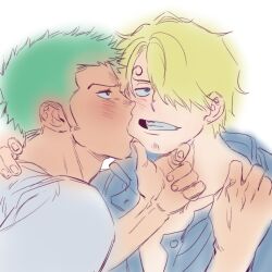 Rule 34 | 2boys, biting, blush, cheek biting, couple, curly eyebrows, dark-skinned male, dark skin, distracted, grabbing another&#039;s chin, green hair, hand on another&#039;s chin, hand on another&#039;s neck, highres, long sideburns, male focus, multiple boys, one piece, partially unbuttoned, roronoa zoro, short hair, sideburns, sweetdou3, swept bangs, unfinished, upper body, v-shaped eyebrows, yaoi
