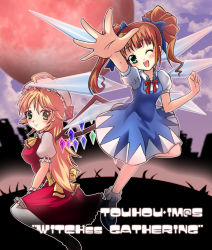 Rule 34 | 2girls, :d, blonde hair, bow, brown hair, cirno, cirno (cosplay), cityscape, cosplay, dress, flandre scarlet, flandre scarlet (cosplay), full moon, hat, hoshii miki, idolmaster, idolmaster (classic), moon, multiple girls, open mouth, red moon, ryusei (green aqua road), smile, socks, takatsuki yayoi, touhou, twintails