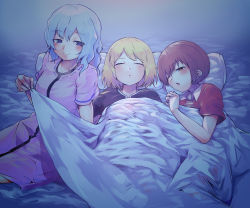 Rule 34 | 3girls, :o, = =, alternate costume, arm up, asa (ces6ces8), black shirt, blonde hair, blue background, blue eyes, blush, bob cut, brown hair, commentary request, futon, head on pillow, highres, looking at viewer, lunasa prismriver, lying, lyrica prismriver, merlin prismriver, multiple girls, nightgown, no headwear, on back, one eye closed, pillow, pink nightgown, red shirt, shared blanket, shirt, short hair, short sleeves, siblings, silver hair, sisters, sleeping, smile, touhou, under covers