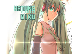 Rule 34 | 00s, 1girl, 2008, blush, calendar (object), character name, closed mouth, collared shirt, detached sleeves, from below, glowing, green hair, grey shirt, hair between eyes, hair ornament, hatsune miku, headphones, lens flare, long hair, necktie, shirt, smile, solo, tattoo, tenka taihei, twintails, upper body, vocaloid