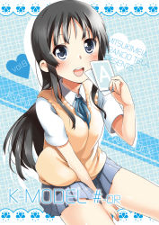 Rule 34 | 1girl, :d, akiyama mio, black hair, blue eyes, blush, card, cover, cover page, heart, holding, holding card, k-on!, long hair, mitsuki meia, open mouth, pleated skirt, round teeth, school uniform, sitting, skirt, smile, solo, teeth
