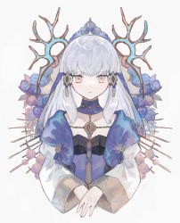 Rule 34 | 1girl, closed mouth, collarbone, commentary, cropped torso, detached collar, dress, expressionless, fire emblem, fire emblem: three houses, flower, hair between eyes, hair ornament, highres, long hair, long sleeves, looking at viewer, lysithea von ordelia, nintendo, own hands together, pink eyes, pink flower, pink rose, purple dress, purple flower, purple rose, repu (rep sha), rose, solo, upper body, veil, white background, white hair, white sleeves, wide sleeves