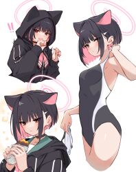 Rule 34 | !, !!, 1girl, absurdres, animal ears, black hair, black jacket, black one-piece swimsuit, blue archive, breasts, cleavage, colored inner hair, competition swimsuit, eating, exiadoon, extra ears, food, green sailor collar, halo, highres, holding, holding food, hood, hooded jacket, jacket, kazusa (blue archive), looking at viewer, medium breasts, multicolored hair, multiple views, one-piece swimsuit, pink hair, pink halo, red eyes, sailor collar, school uniform, serafuku, short hair, simple background, swimsuit, thighs, white background