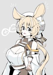 Rule 34 | 1girl, :d, animal ears, arknights, bare shoulders, beret, blonde hair, breasts, cleavage, cleavage cutout, clothing cutout, commentary request, dorothy (arknights), grey background, hair between eyes, hat, heka=ton, highres, hourglass, infinity symbol, large breasts, long hair, looking at viewer, notice lines, open mouth, simple background, smile, solo, upper body, very long hair, white hat