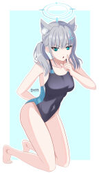 Rule 34 | 1girl, animal ear fluff, animal ears, black one-piece swimsuit, blue archive, blue background, blue eyes, blue halo, breasts, collarbone, competition swimsuit, covered navel, cross hair ornament, dot nose, earrings, extra ears, finger to mouth, full body, grey hair, hair ornament, halo, highleg, highleg swimsuit, highres, jewelry, kneeling, looking at viewer, low ponytail, medium breasts, medium hair, mismatched pupils, multicolored clothes, multicolored swimsuit, official alternate costume, one-piece swimsuit, open mouth, pluv hill, shiroko (blue archive), shiroko (swimsuit) (blue archive), shushing, sideboob, solo, stud earrings, swimsuit, thighs, wolf ears
