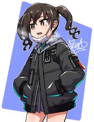 Rule 34 | 1girl, black jacket, breath, brown eyes, brown hair, collared shirt, commentary request, diagonal-striped clothes, diagonal-striped necktie, drawstring, grey skirt, hair between eyes, hands in pockets, highres, hood, hood down, hooded jacket, idolmaster, idolmaster cinderella girls, jacket, kumo (kumo8159), long sleeves, looking away, mask, mask pull, mouth mask, necktie, open mouth, pleated skirt, puffy long sleeves, puffy sleeves, purple background, sharp teeth, shirt, skirt, solo, standing, striped clothes, sunazuka akira, surgical mask, teeth, twintails, two-tone background, white background, white shirt