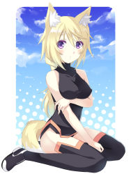 Rule 34 | 10s, 1girl, animal ears, bad id, bad pixiv id, between legs, black thighhighs, blonde hair, blush, bodysuit, breast hold, breasts, charlotte dunois, cloud, colored eyelashes, day, fox ears, fox tail, from side, full body, hair between eyes, halftone, halftone background, halterneck, hand between legs, holding own arm, infinite stratos, keito (kazamatuli), kemonomimi mode, leotard, long hair, looking at viewer, low ponytail, outdoors, parted lips, pelvic curtain, pilot suit, ponytail, purple eyes, senoo aoi, sitting, sky, solo, tail, taut clothes, thighhighs, turtleneck, wariza