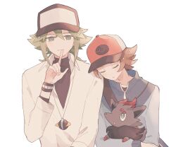 Rule 34 | 2boys, animal ears, baseball cap, black fur, black hat, black undershirt, blue jacket, brown hair, closed eyes, closed mouth, collarbone, collared shirt, commentary request, creatures (company), finger to mouth, game freak, gen 5 pokemon, green eyes, green hair, hat, highres, hilbert (pokemon), holding, holding pokemon, index finger raised, jacket, long hair, long sleeves, male focus, multiple boys, n (pokemon), nintendo, poke ball print, pokemon, pokemon (creature), pokemon bw, red fur, red hat, ririco (gnsn), shirt, short hair, sleeping, sleeping on person, sleeping upright, two-tone fur, undershirt, upper body, white shirt, wristband, zipper pull tab, zorua