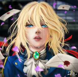 Rule 34 | 10s, 1girl, blonde hair, blue eyes, blue jacket, braid, brooch, commentary, crying, crying with eyes open, english commentary, envelope, face, facing viewer, falling petals, hair between eyes, hair ribbon, highres, jacket, jewelry, letter, looking at viewer, parted lips, petals, red ribbon, ribbon, taylor tate, tears, violet (flower), violet evergarden, violet evergarden (series), white neckwear