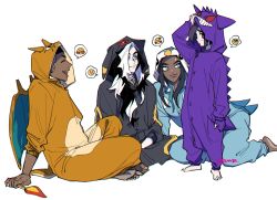 Rule 34 | 1girl, 3boys, allister (pokemon), arm support, barefoot, black hair, buttons, charizard, charizard (cosplay), closed eyes, closed mouth, commentary request, cosplay, creatures (company), dark-skinned female, dark-skinned male, dark skin, game freak, gen 1 pokemon, gen 2 pokemon, gen 4 pokemon, gengar, gengar (cosplay), green eyes, highres, hood, hood up, multicolored hair, multiple boys, nessa (pokemon), nintendo, onesie, open mouth, pale skin, piers (pokemon), piplup, piplup (cosplay), pokemon, pokemon swsh, raihan (pokemon), raised eyebrows, short hair, signature, sitting, smile, t1ger spuma, teeth, toes, two-tone hair, umbreon, umbreon (cosplay), upper teeth only, white background, white hair