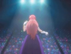 Rule 34 | 00s, 1girl, animated, animated gif, armpits, audience, bouncing breasts, breasts, concert, gloves, gundam, gundam seed, gundam seed destiny, hair ornament, large breasts, leotard, long hair, meer campbell, outstretched arms, pink hair, skirt, stage, star (symbol), star hair ornament, waving