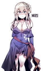Rule 34 | alternate hair color, aningay, arm at side, arm behind back, bad id, bad twitter id, blue dress, blue eyes, blue gloves, blush, braid, breasts, carcano m1891 (girls&#039; frontline), character name, choker, cleavage, covered navel, dress, elbow gloves, french braid, girls&#039; frontline, gloves, highres, jewelry, large breasts, long hair, looking at viewer, mosin-nagant (moonlit ocean) (girls&#039; frontline), necklace, official alternate costume, parted lips, pendant, sash, sidelocks, simple background, solo, standing, white background