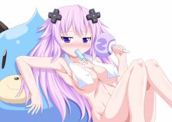 Rule 34 | 1girl, adult neptune, armpits, blush, breasts, collarbone, convenient censoring, d-pad, d-pad hair ornament, dogoo, food, hair ornament, kagerou (kers), long hair, looking at viewer, neptune (neptunia), neptune (series), popsicle, purple eyes, purple hair, shiny skin, simple background, solo, towel, towel over breasts, white background