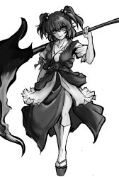 Rule 34 | 1girl, breasts, closed mouth, collarbone, full body, greyscale, hair bobbles, hair ornament, head tilt, highres, holding, holding scythe, inoshin (inixia1748), kneehighs, light smile, looking at viewer, medium breasts, medium hair, monochrome, okobo, onozuka komachi, over shoulder, puffy short sleeves, puffy sleeves, sandals, scythe, shirt, short sleeves, simple background, skirt, socks, solo, touhou, two side up, vest, weapon, weapon over shoulder, white background