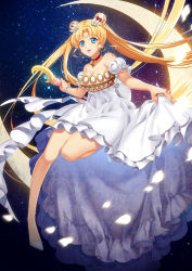 Rule 34 | 1girl, bare shoulders, bead bracelet, beads, bishoujo senshi sailor moon, blonde hair, blue eyes, bow, bracelet, choker, crescent, crescent facial mark, crescent moon, double bun, dress, facial mark, forehead mark, frills, full body, hair ornament, hairpin, jewelry, long hair, maboroshi no ginzuishou, moon, moon stick, nemovo, on crescent, princess serenity, shoes, sitting on moon, smile, solo, tsukino usagi, twintails, wand, white bow, white dress, white footwear