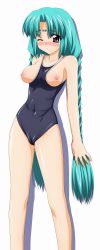 Rule 34 | 1990s (style), 1girl, ;(, absurdres, aqua hair, arms at sides, bare arms, bare legs, bare shoulders, black one-piece swimsuit, blush, braid, breasts, breasts out, cameltoe, canal vorfeed, closed mouth, collarbone, competition swimsuit, covered navel, cum, cum on body, cum on upper body, facial mark, forehead mark, frown, highres, legs apart, long hair, looking at viewer, lost universe, nipples, nose blush, one-piece swimsuit, parted bangs, purple eyes, raised eyebrows, retro artstyle, school swimsuit, shiny skin, simple background, skin tight, solo, standing, sugimura tomokazu, swimsuit, tareme, twin braids, very long hair, white background