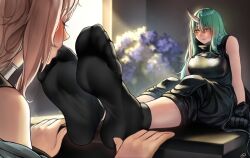 Rule 34 | 2girls, arknights, arm support, armor, bare shoulders, black pants, black socks, blush, breastplate, closed eyes, commission, feet, female focus, foot focus, foot worship, foreshortening, gravel (arknights), green hair, hair over shoulder, highres, horns, hoshiguma (arknights), licking, licking foot, long hair, looking at another, multiple girls, nikishiko, pants, pink hair, pixiv commission, saliva, single horn, sittting, sleeveless, smile, socks, soles, toe sucking, toes, tongue, tongue out, yellow eyes