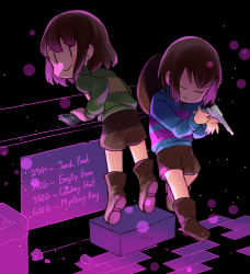 Rule 34 | 2others, androgynous, black background, blue sweater, blush stickers, bob cut, boots, brown hair, brown legwear, brown shorts, chara (undertale), closed eyes, counter, cowboy hat, frisk (undertale), green sweater, gun, hat, holding, holding gun, holding money, holding weapon, leaning, leaning forward, money, multiple others, shop, short hair, shorts, smile, striped clothes, striped sweater, supunyange, sweater, undertale, unworn hat, unworn headwear, weapon, | |
