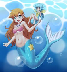 Rule 34 | 2girls, :d, air bubble, aqua eyes, bare arms, barefoot, bikini, blue hair, blush, breasts, bubble, creatures (company), earrings, els (ljhlee12), feet, fins, full body, game freak, gen 1 pokemon, green eyes, hair ornament, head fins, highres, horsea, jewelry, long hair, looking at viewer, medium breasts, mermaid, mermaid costume, mermaid misty (pokemon), mini person, minigirl, misty (pokemon), monster girl, multiple girls, navel, necklace, nintendo, one-piece swimsuit, open mouth, orange hair, pokemon, pokemon (anime), pokemon (classic anime), red eyes, seashell, shell, shell bikini, short hair, smile, solo, star (symbol), swimsuit, underwater, water
