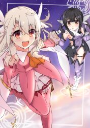 Rule 34 | 2girls, absurdres, ascot, bare shoulders, black hair, blush, boots, breasts, brown eyes, cape, detached sleeves, dress, elbow gloves, fate/kaleid liner prisma illya, fate (series), feather hair ornament, feathers, gloves, hair between eyes, hair ornament, hairclip, highres, illyasviel von einzbern, kebab (blackdoll), layered gloves, leotard, long hair, looking at viewer, miyu edelfelt, multiple girls, open mouth, pink dress, pink footwear, pink gloves, prisma illya, purple leotard, purple sleeves, purple thighhighs, red eyes, sidelocks, skirt, small breasts, smile, thigh boots, thighhighs, thighhighs under boots, thighs, twintails, two side up, white cape, white footwear, white gloves, white hair, white skirt