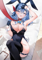 Rule 34 | 1girl, :o, absurdres, ako (blue archive), alternate costume, animal ears, arm up, armpits, bare shoulders, black gloves, black hairband, black leotard, black thighhighs, blue archive, blue bow, blue bowtie, blue eyes, blue hair, blush, bow, bowtie, breasts, chinatsu (blue archive), cleavage, collar, covered navel, detached collar, fake animal ears, fake tail, garter straps, gloves, hair ornament, hairband, half gloves, highres, hina (blue archive), iori (blue archive), large breasts, leash, leotard, looking at viewer, lying, medium hair, on back, open mouth, playboy bunny, rabbit ears, rabbit tail, red collar, solo, tail, thighhighs, thighs, wrist cuffs, yukineko1018