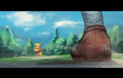 Rule 34 | 1boy, absurdres, baseball bat, blue sky, brown footwear, chanta (ayatakaoisii), christopher robin, day, forest, grey legwear, highres, holding, huge filesize, letterboxed, nature, outdoors, pooh, sky, socks, winnie the pooh&#039;s home run derby