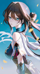 Rule 34 | 1girl, absurdres, aqua collar, aqua dress, aqua gloves, bare shoulders, bead necklace, beads, breasts, brown hair, clothing cutout, commentary request, dress, flower, from side, gloves, green eyes, hair between eyes, hair bun, hair intakes, hair ornament, highres, honkai: star rail, honkai (series), jewelry, large breasts, layered dress, long hair, looking at viewer, multicolored hair, necklace, parted lips, ruan mei (honkai: star rail), see-through dress layer, shoulder cutout, single hair bun, solo, streaked hair, tokita mago, upper body, white flower