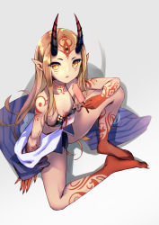 Rule 34 | 1girl, absurdres, arm support, blonde hair, breasts, colored skin, commentary request, facial mark, faicha, fate/grand order, fate (series), fingernails, food, forehead mark, from above, gradient background, grey background, highres, horns, ibaraki douji (fate), ibaraki douji (swimsuit lancer) (first ascension) (fate), japanese clothes, kimono, long hair, looking at viewer, multicolored skin, oni, oni horns, pointy ears, popsicle, shadow, sharp fingernails, sitting, small breasts, solo, tattoo, two-tone skin, white background, yellow eyes