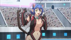 Rule 34 | 10s, 1girl, animal ears, animated, animated gif, announcer, arena, black gloves, black leotard, blue hair, bouncing breasts, breasts, cat demon girl (shinmai maou no testament burst), cleavage, cleavage cutout, clothing cutout, crowd, curvy, female focus, gloves, highleg, highleg leotard, hip focus, holding, holding microphone, huge breasts, large breasts, leotard, microphone, navel, no bra, screencap, shinmai maou no testament, shiny skin, short hair, solo, stadium, tail, talking