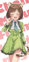 Rule 34 | 1girl, ^ ^, animal ears, blue necktie, blush, breasts, brown hair, cat ears, cat tail, clenched hand, closed eyes, cowboy shot, cropped jacket, dot nose, dress, fake animal ears, fake tail, fang, frilled skirt, frills, green jacket, hand up, highres, idolmaster, idolmaster cinderella girls, idolmaster cinderella girls starlight stage, jacket, large breasts, long sleeves, maekawa miku, necktie, open clothes, open jacket, open mouth, plaid, plaid dress, short hair, skirt, smile, solo, standing, tail, text background, tori ririisu, two-tone dress