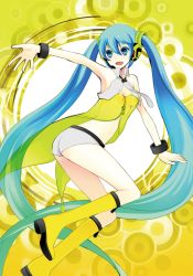 Rule 34 | 1girl, aqua eyes, aqua hair, bad id, bad pixiv id, boots, bracelet, hatsune miku, jewelry, long hair, midriff, necktie, project diva (series), project diva 2nd, shorts, smile, solo, twintails, very long hair, vocaloid, wogura, yellow (vocaloid), yellow theme