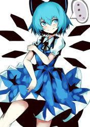 Rule 34 | ..., 1girl, :q, blue eyes, blue hair, blue theme, bow, chiruru96, cirno, hair bow, hand on own shoulder, ice, ice wings, looking to the side, matching hair/eyes, short sleeves, simple background, sketch, solo, spoken ellipsis, tongue, tongue out, touhou, white background, wings