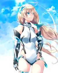 Rule 34 | 1girl, angela balzac, blonde hair, blue eyes, blue sky, breasts, cloud, contrail, covered navel, day, deva battle suit, elbow gloves, gloves, gluteal fold, hair ornament, halterneck, hand on own hip, headgear, headset, highleg, highleg leotard, impossible clothes, impossible leotard, leotard, long hair, low twintails, medium breasts, outdoors, parted lips, pilot suit, rakuen tsuihou, sky, solo, standing, stardust-kun, thigh strap, thighlet, thighs, thong leotard, twintails, very long hair, white leotard