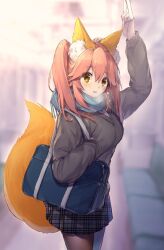 Rule 34 | 1girl, animal ear fluff, animal ears, arm up, bag, blue bag, blue scarf, blurry, blurry background, breath, brown pantyhose, cardigan, commentary request, fate/extra, fate/grand order, fate (series), fox ears, fox girl, fox tail, grey cardigan, hair between eyes, long hair, long sleeves, looking at viewer, miniskirt, mogullaz, pantyhose, pink hair, plaid, plaid skirt, scarf, school bag, school uniform, skirt, solo, tail, tamamo (fate), tamamo no mae (fate/extra), tamamo no mae (jk) (fate), twintails, yellow eyes