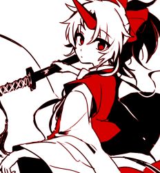 Rule 34 | 1girl, 6 (yuchae), bow, hair bow, horns, japanese clothes, konngara (touhou), long hair, red eyes, red theme, sheath, sheathed, single horn, solo, sword, touhou, touhou (pc-98), weapon