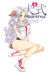 Rule 34 | animal ears, ass, blush, breasts, corset, curly hair, dog ears, dog tail, english text, engrish text, espadrilles, high heels, hitowa, large breasts, legs, long hair, original, ranguage, shoes, sitting, solo, tail